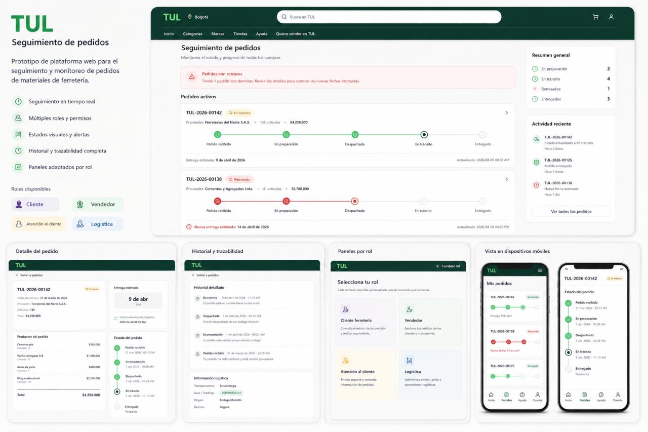 Prototipo TUL — dashboard de pedidos activos, detalle con historial, paneles por rol y vistas móviles