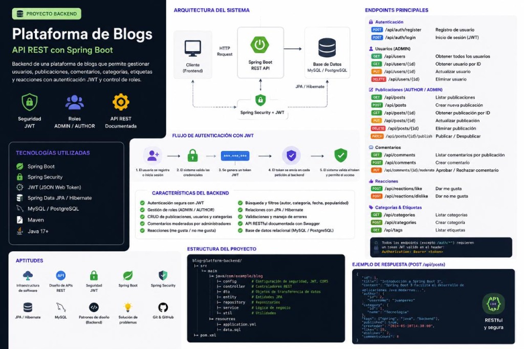 Diagrama técnico: arquitectura Spring Boot, JWT, endpoints REST y modelo de datos del blog