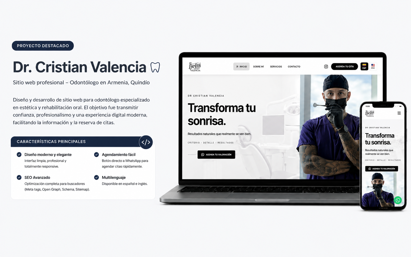 Dr. Cristian Valencia — showcase del sitio con mockups desktop y móvil, SEO, WhatsApp y multilenguaje