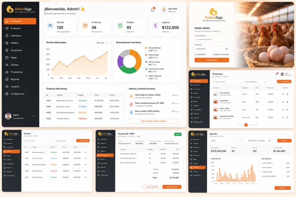 Golden Egg ERP — pantallas de panel, inventario, pedidos, facturas e informes