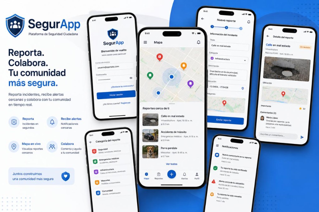 SegurApp — mockups con mapa de reportes, inicio de sesión, categorías y notificaciones